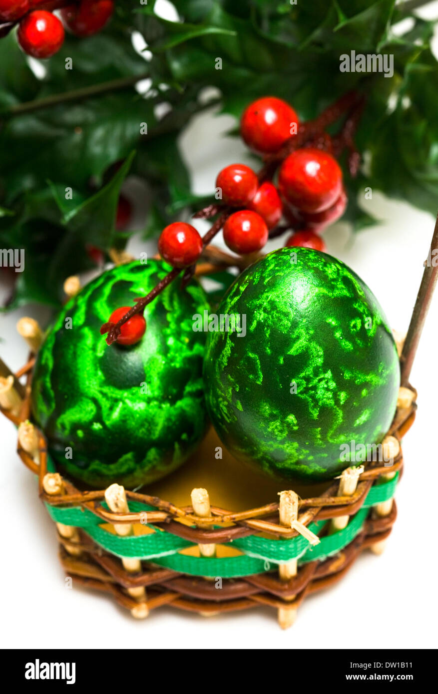 Easter eggs in a basket Stock Photo