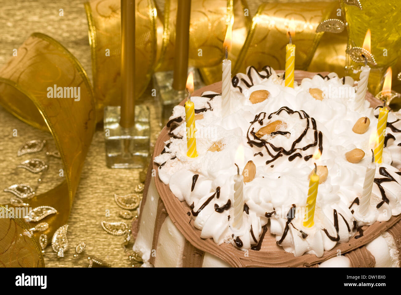 birthday table with cake and candles Stock Photo - Alamy