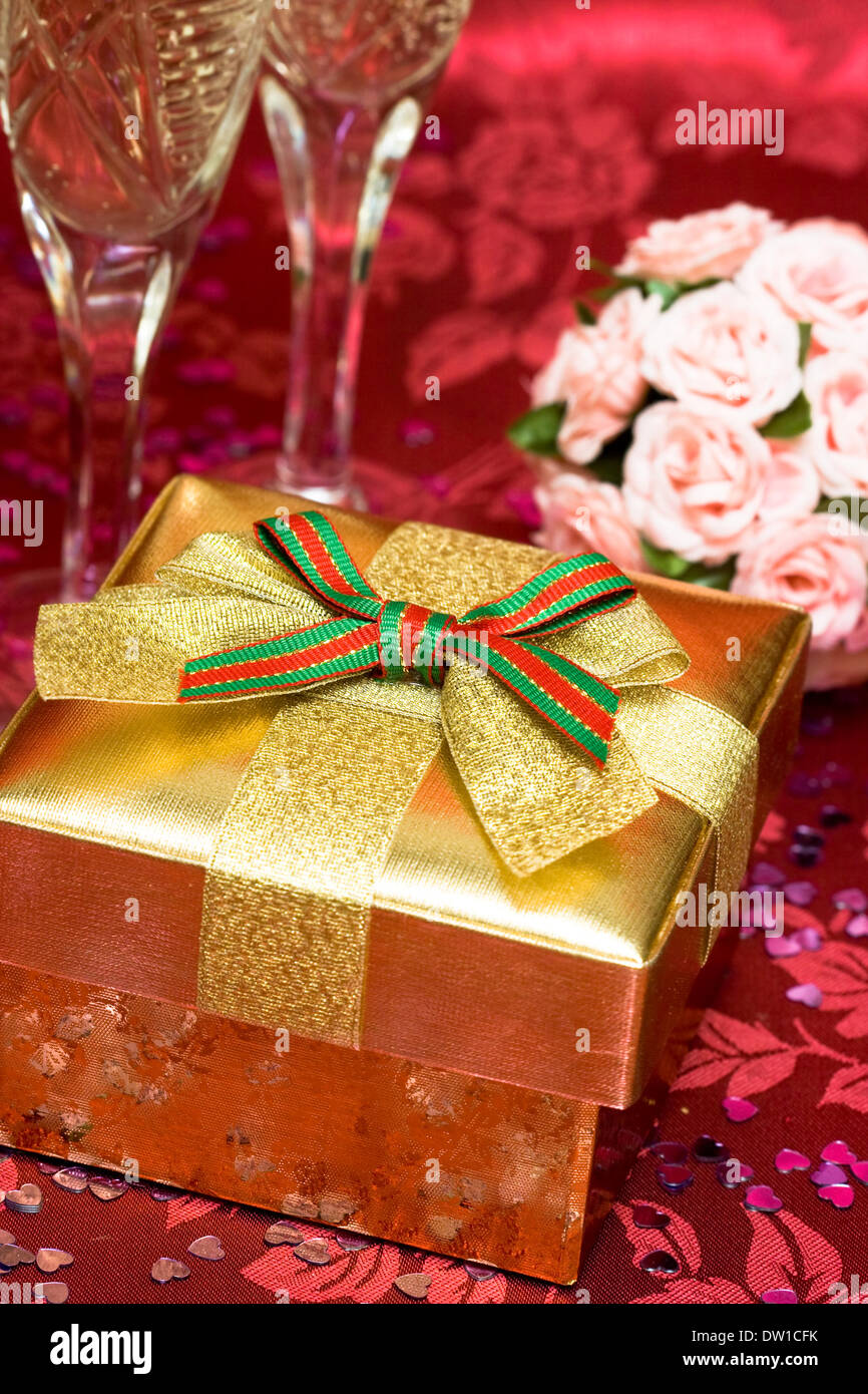 gift box with glasses of champagne Stock Photo Alamy
