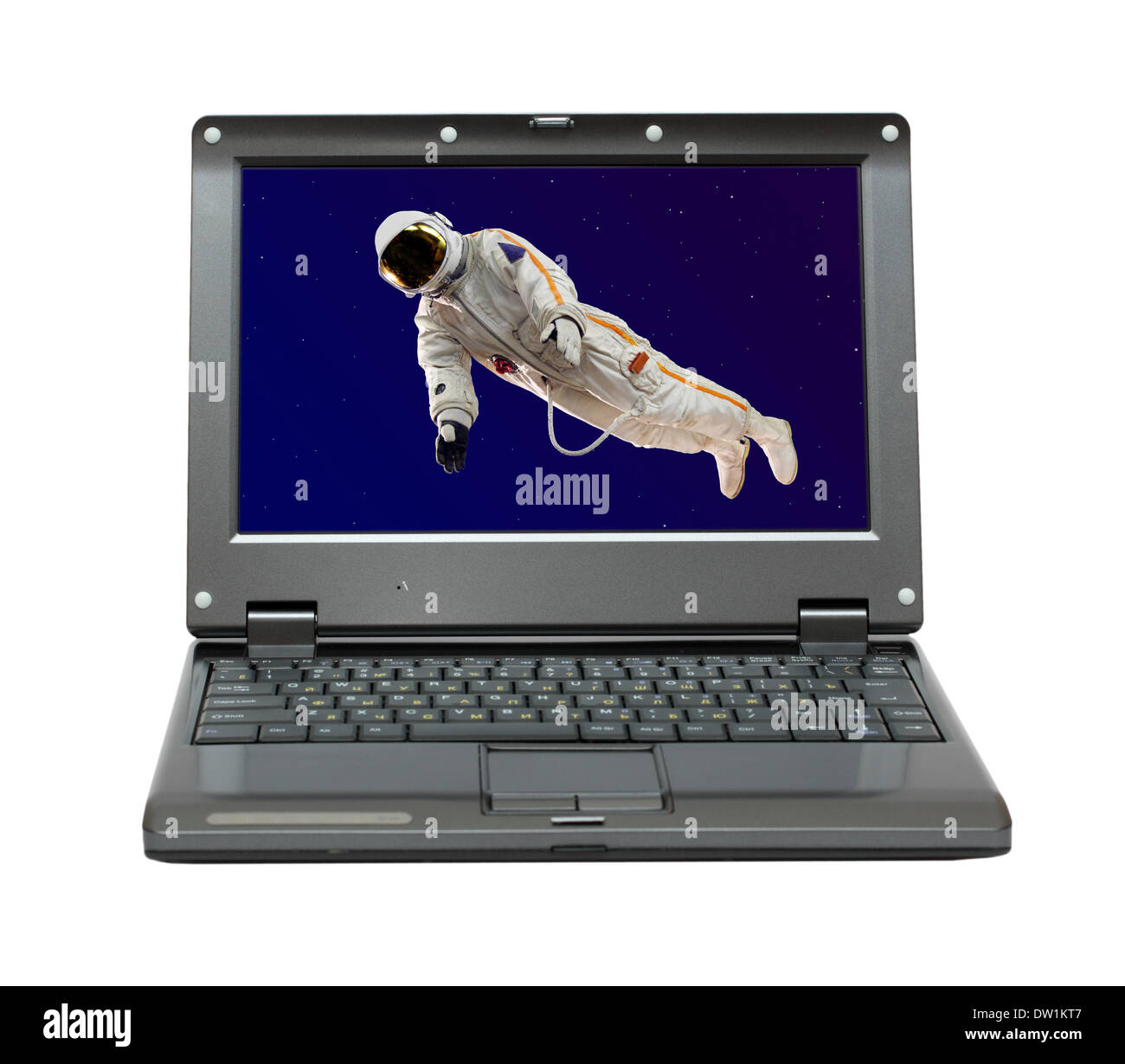small laptop with astronaut in space Stock Photo