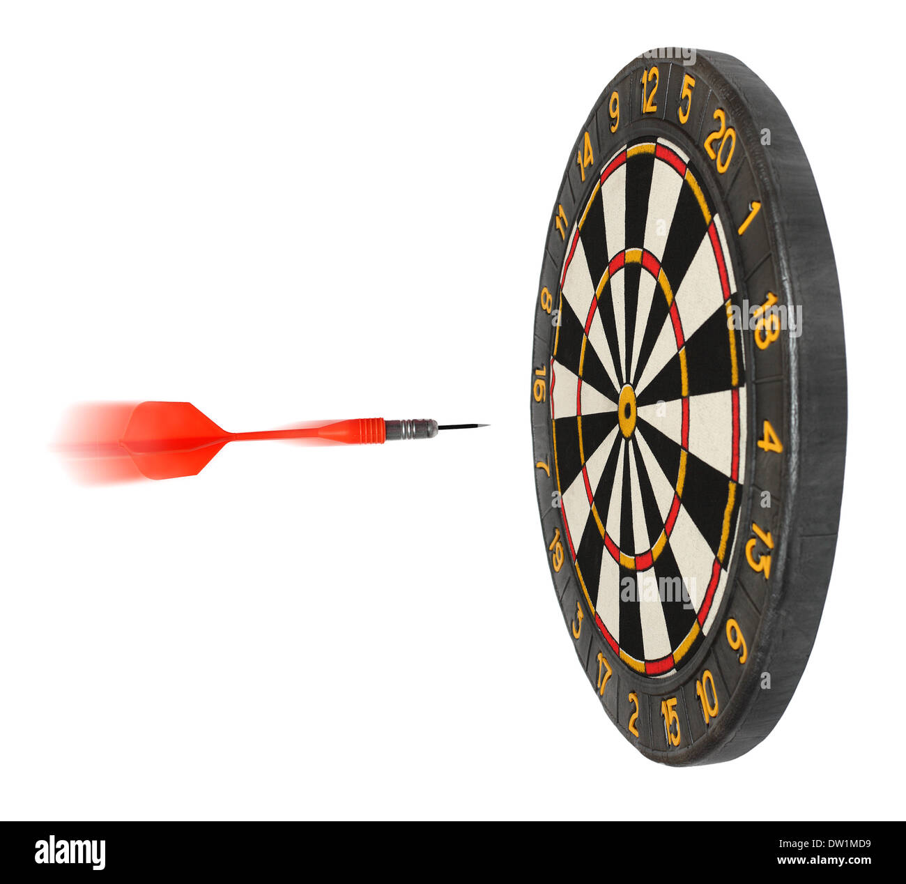 dartboard with dart flying in aim Stock Photo