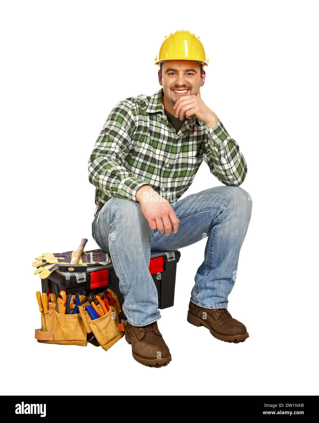 young handyman sit on toolbox Stock Photo - Alamy