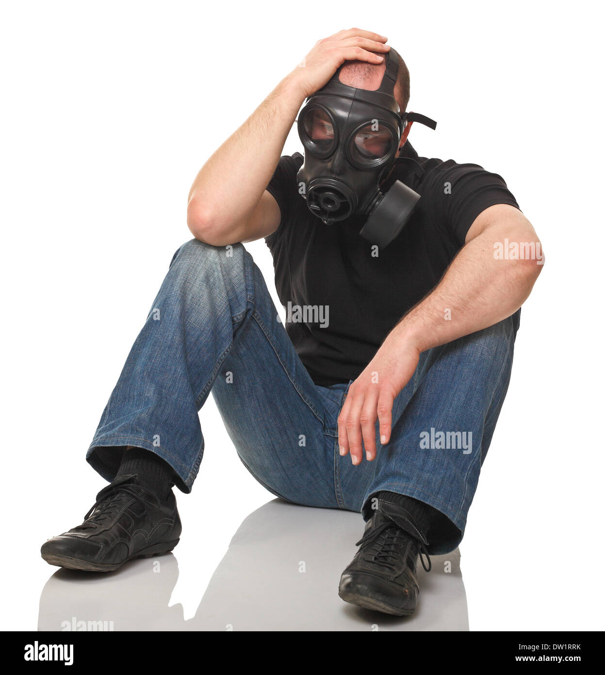stressed man with gas mask Stock Photo