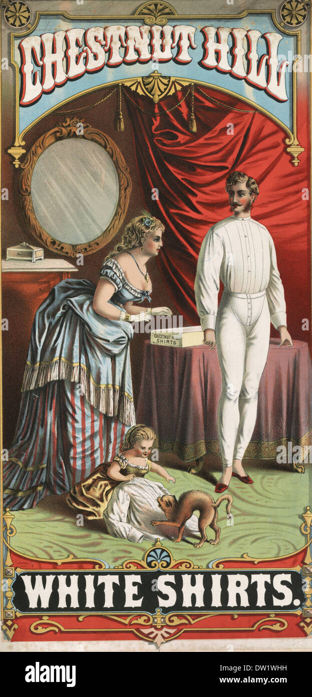Chestnut Hill White Shirts - Woman inspecting husband's shirt as he is dressing. Vintage advertisement 1885 Stock Photo