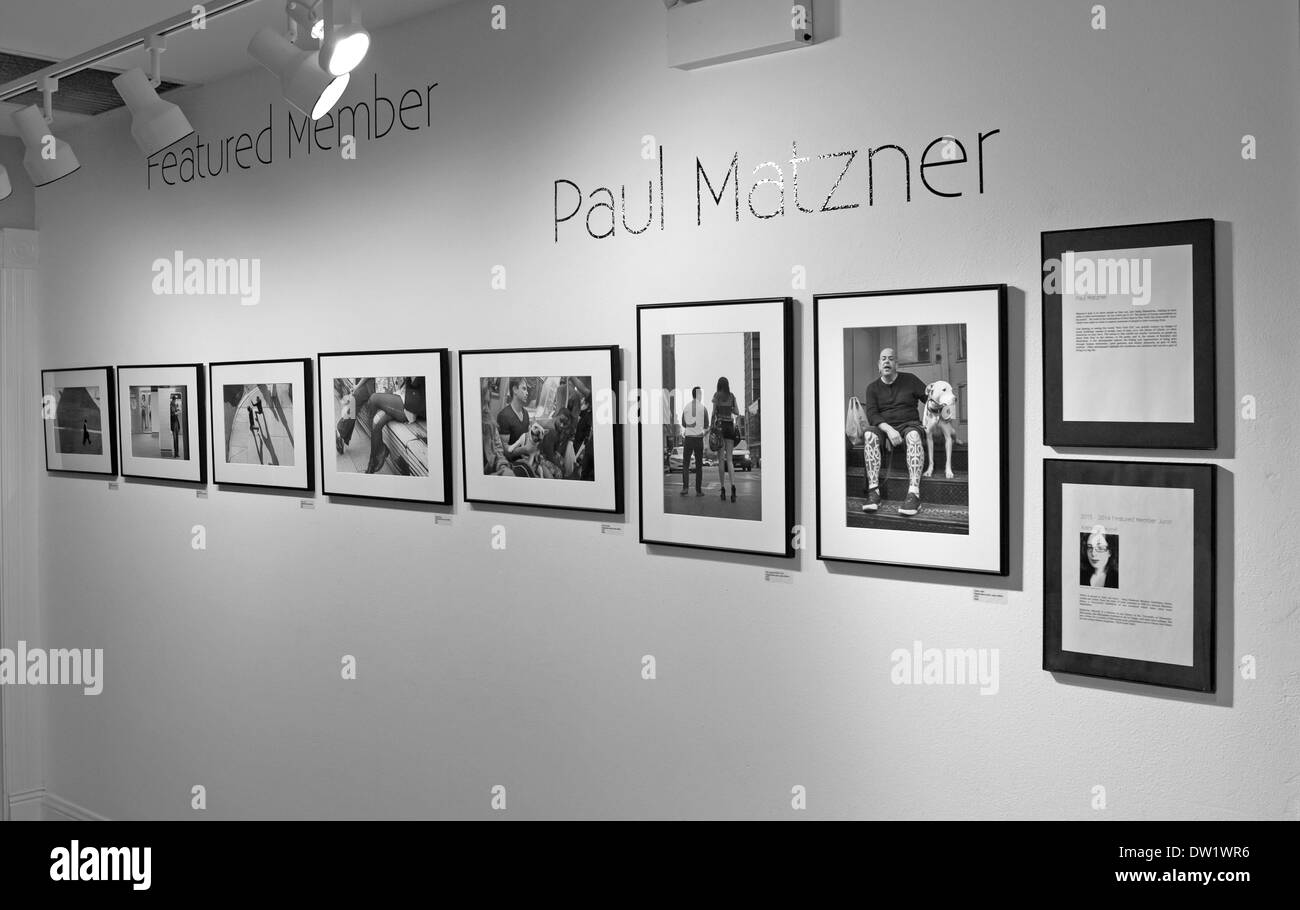 The work of a photographer is displayed on a gallery wall. Stock Photo