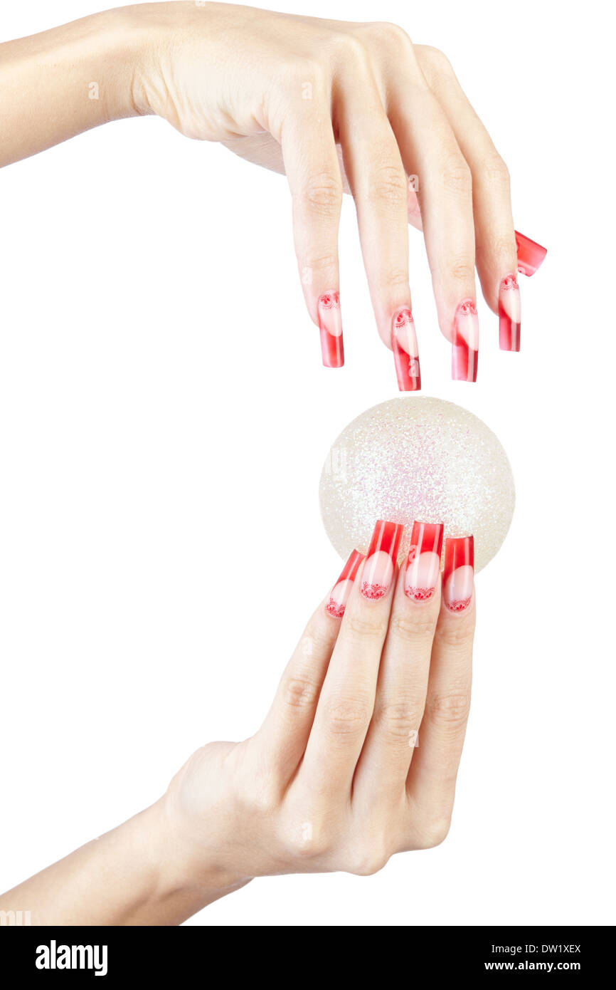 Hands with red french false acrylic nails manicure holding