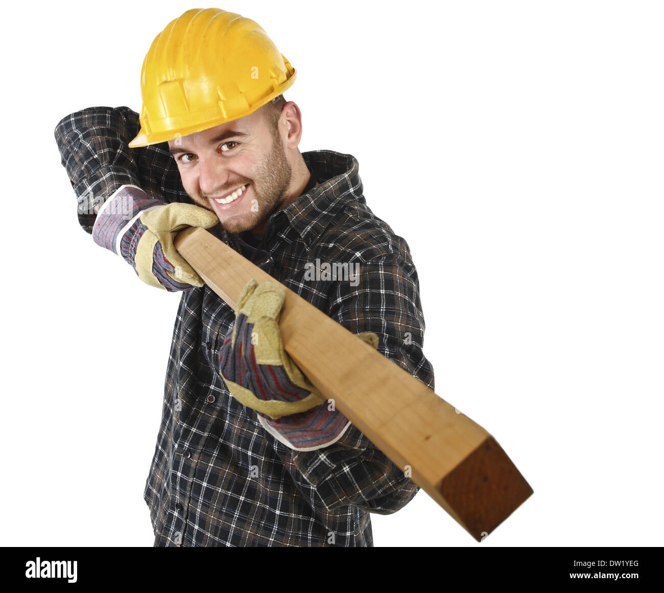 young carpenter has fun at work Stock Photo