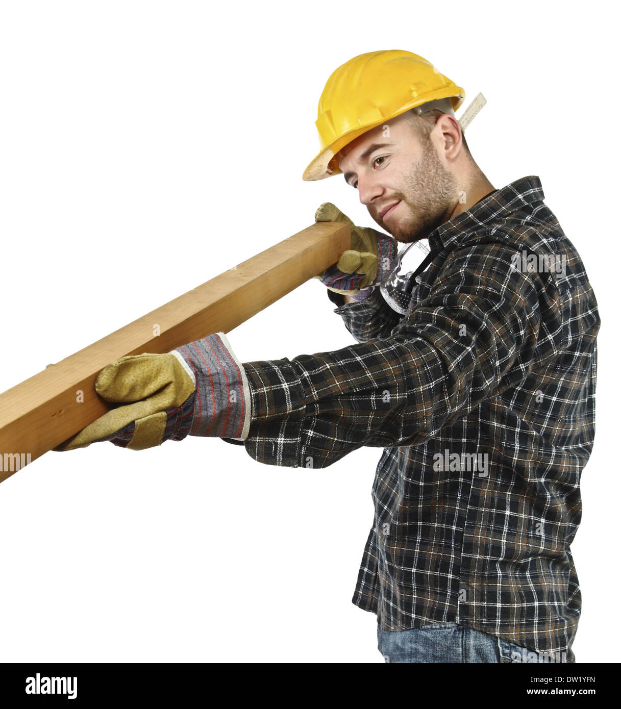 carpenter at work isolated on white Stock Photo