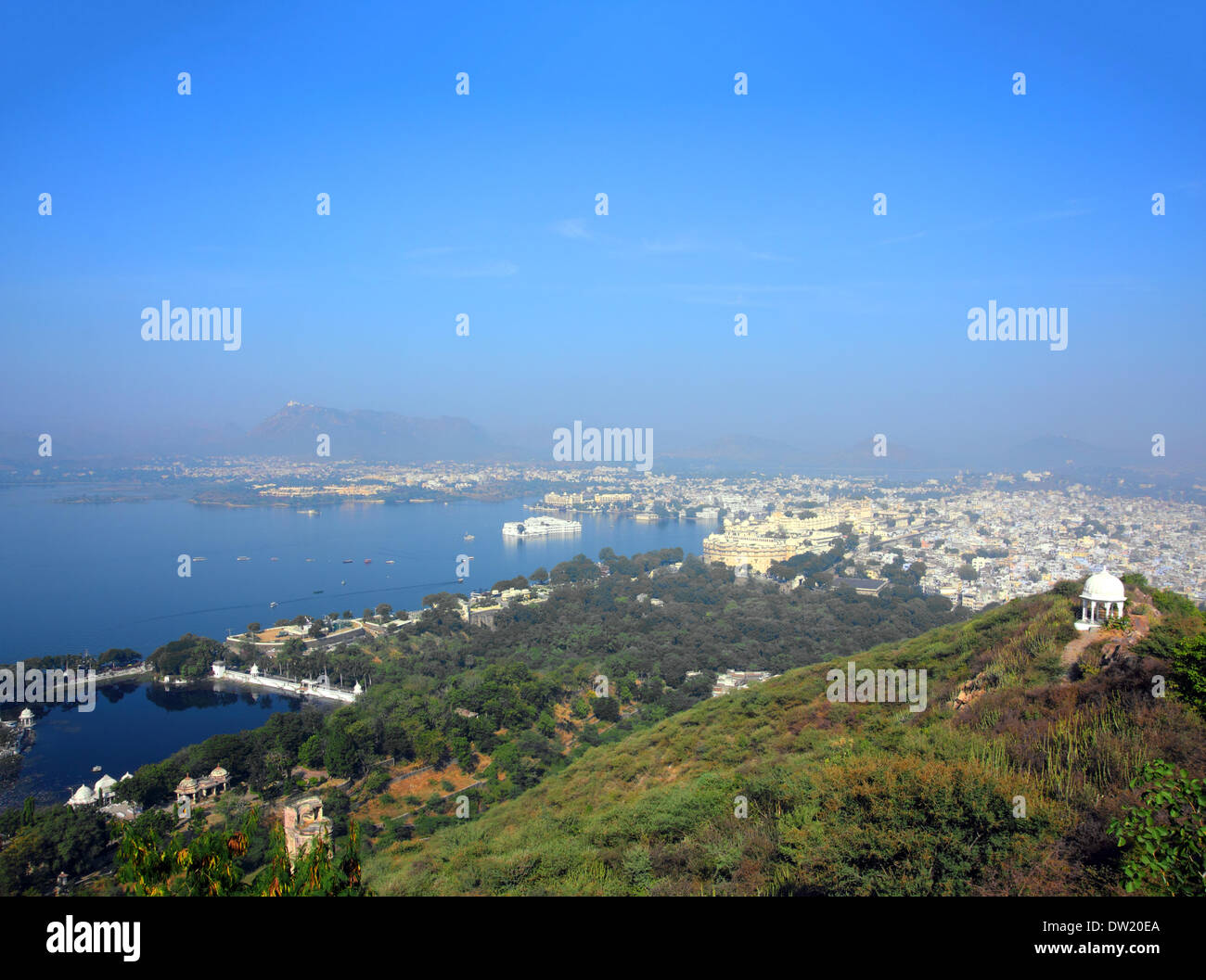 landscape with lake and palaces in Udaipur Stock Photo