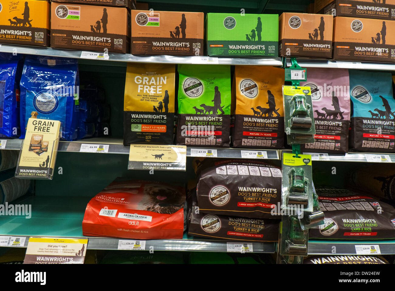 Wainwright's pet Dog food kibble nutrition care display stand in Pets at home shop store Stock Photo