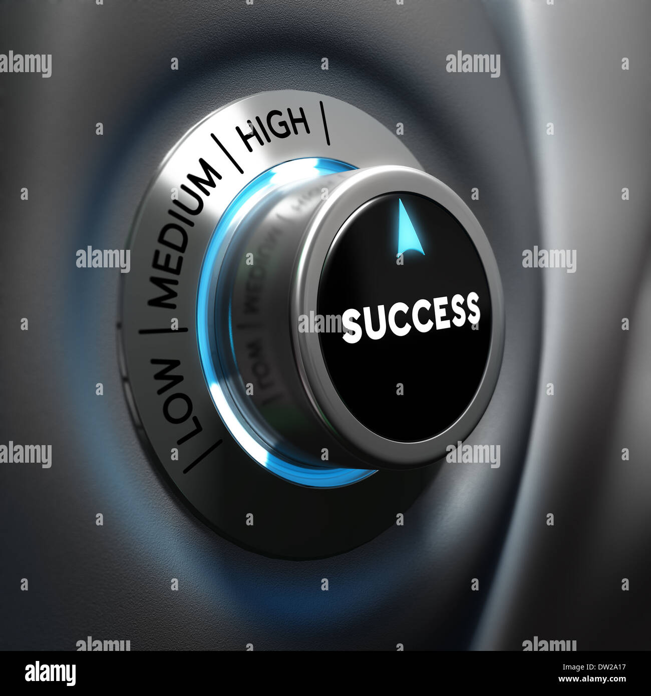Success selector button with blue and grey tones. Conceptual 3D render image with depth of field blur effect. Stock Photo