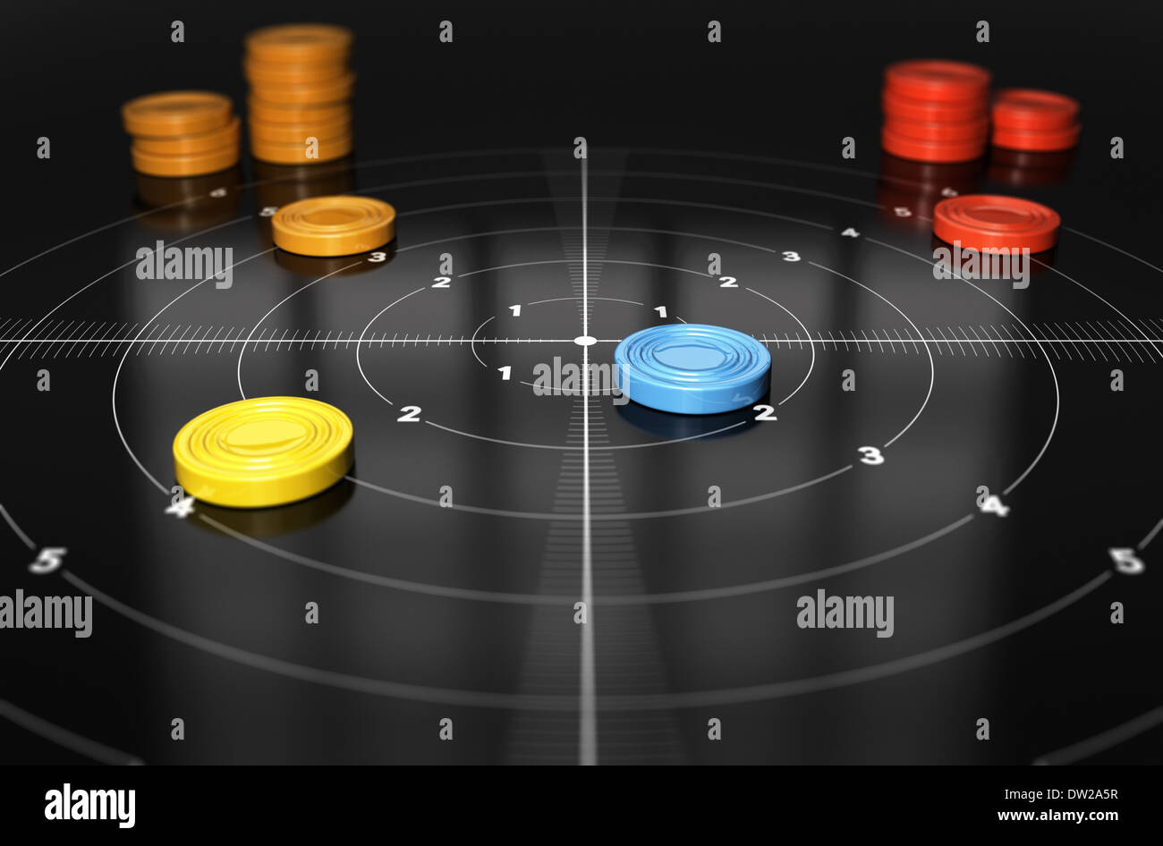 One target and many pawns with different colours, concept of smart objectives and performance measurement Stock Photo