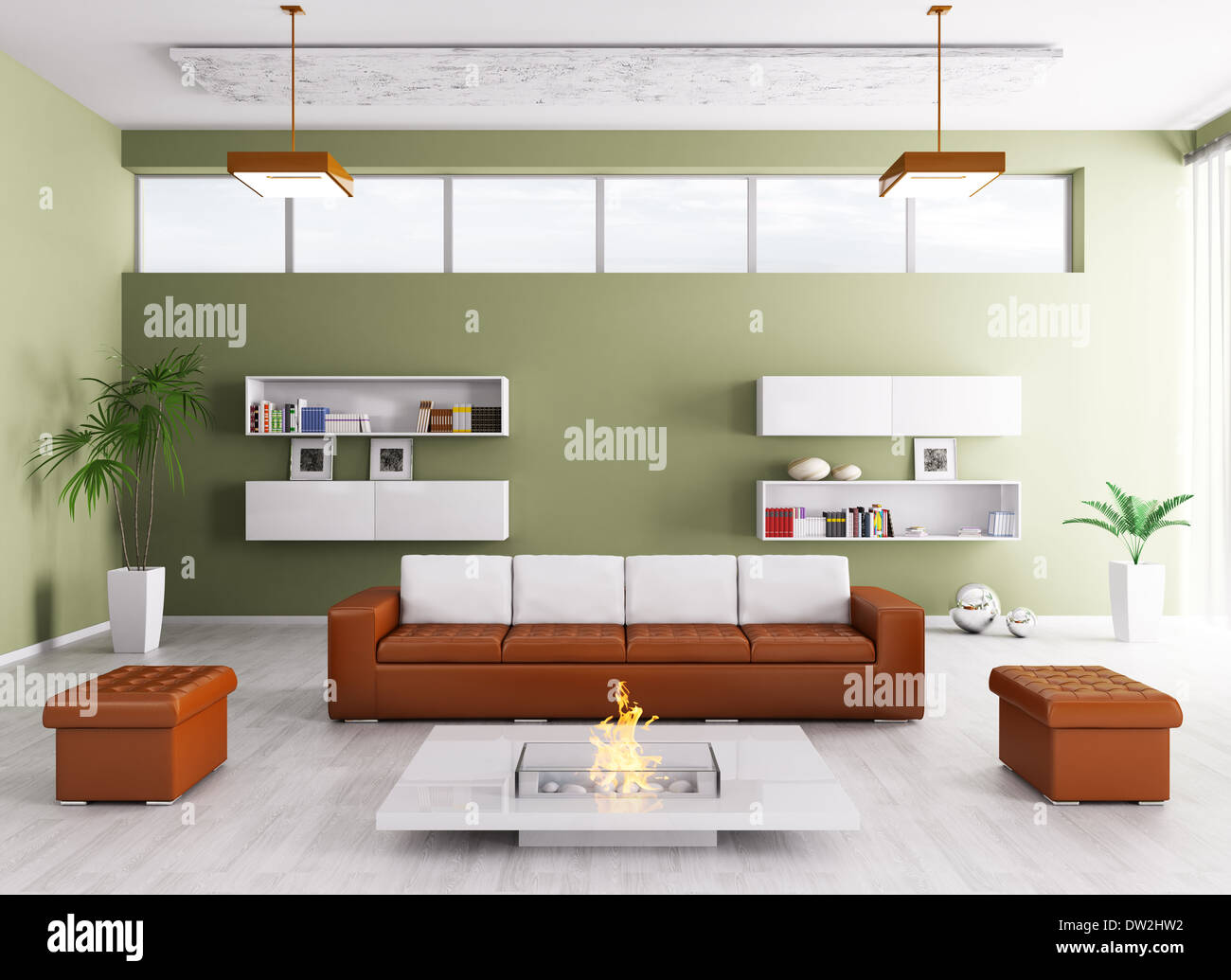 Interior of modern living room with sofa and fireplace 3d render Stock ...