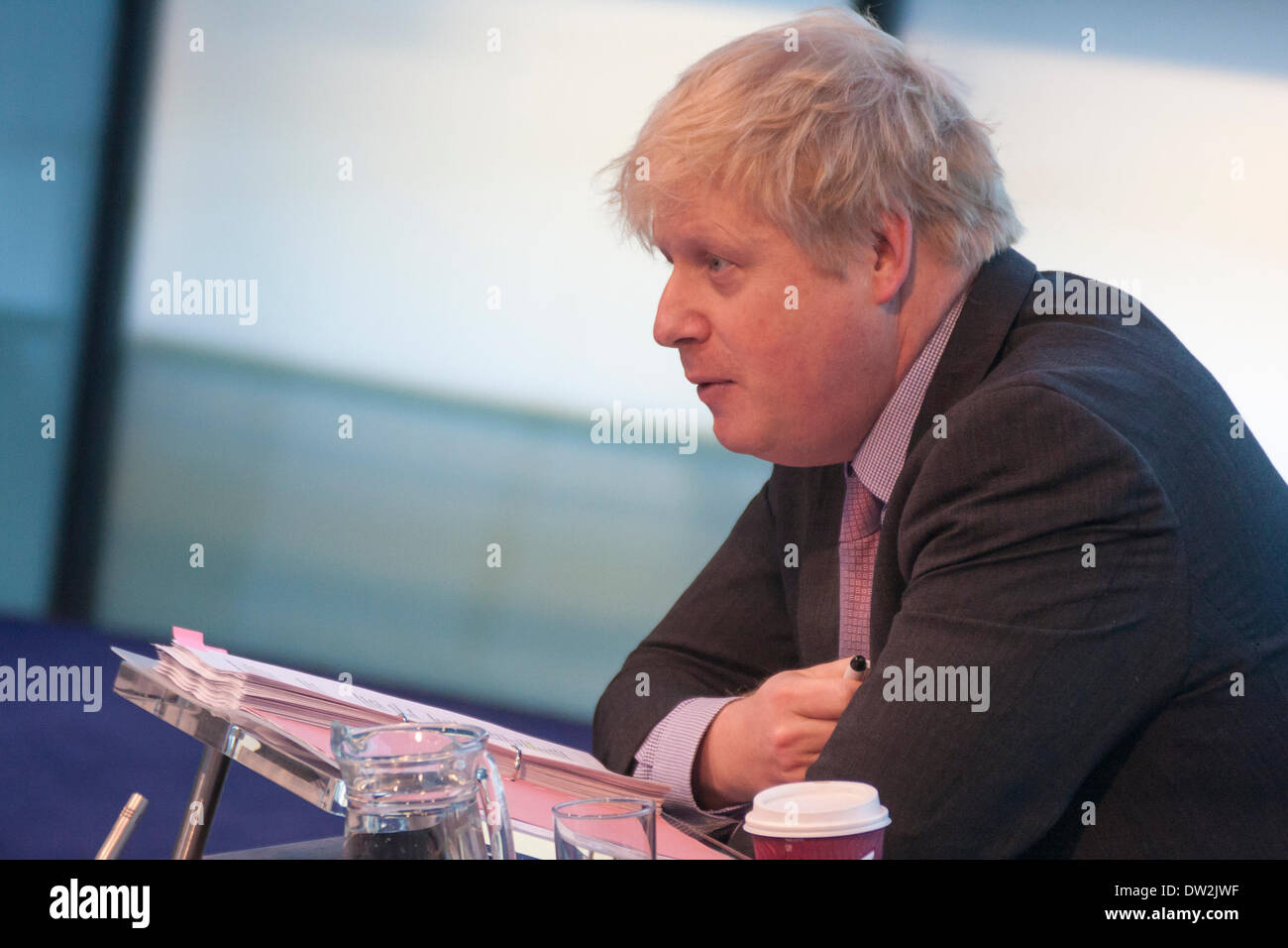 City Hall, London, February 26th 2014. London Mayour Boris Johnson fields questions relating to the Barclays-sponsored cycle hire scheme during the London Assembly's Mayor's Question Time Credit:  Paul Davey/Alamy Live News Stock Photo