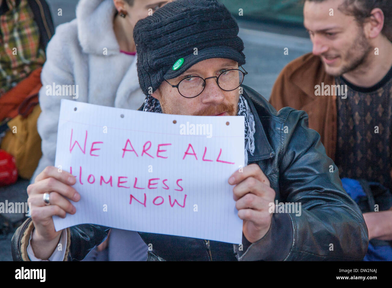 London, February 26th 2014. A small group of demonstrators protest against the 'criminalisation of the homeless' outside City Hall during the Mayor's Question Time. Credit:  Paul Davey/Alamy Live News Stock Photo