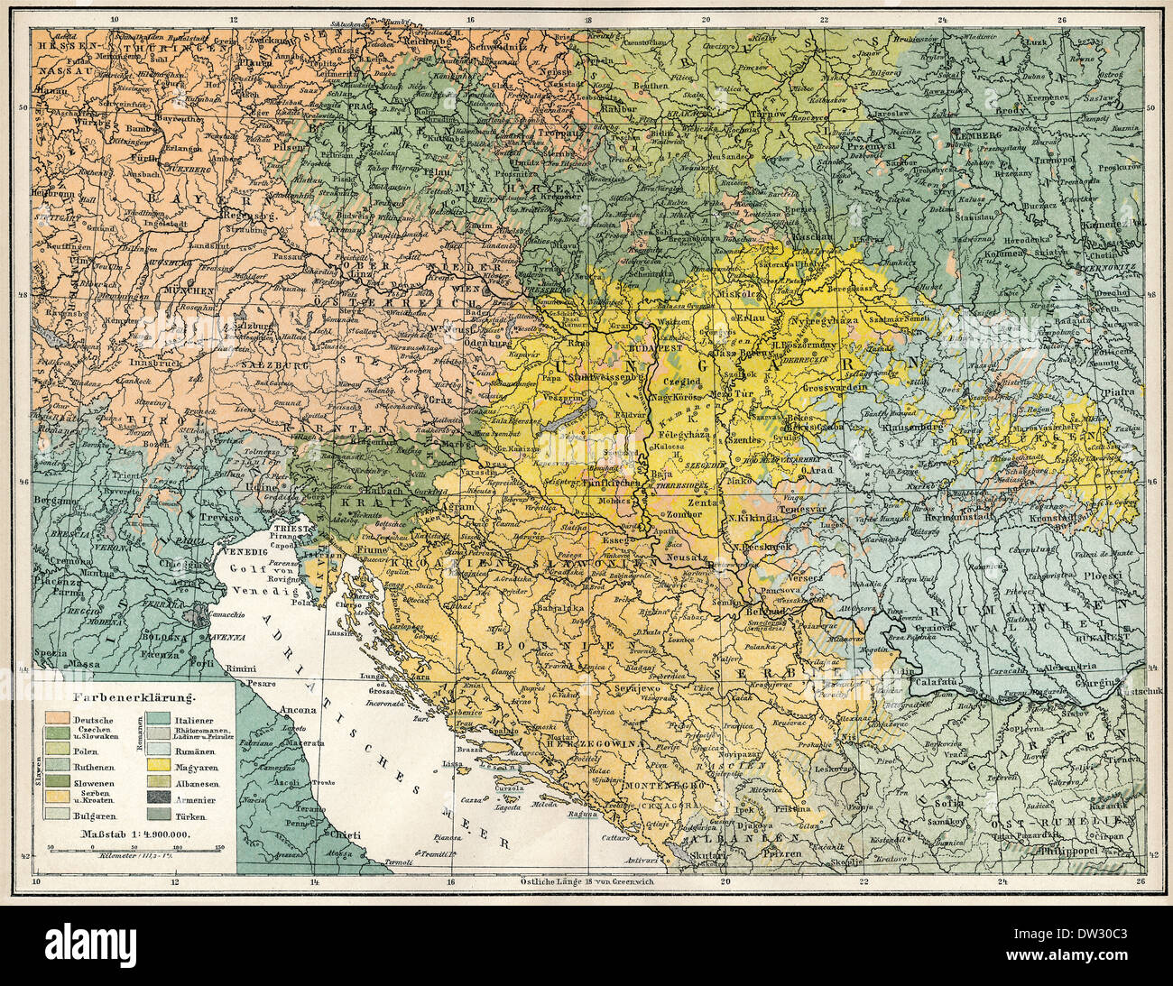 Historical, ethnological map of Austria-Hungary, Dual Monarchy or kuk monarchy, for the period between 1867 and 1918, ethnic groups such as Germans, S Stock Photo