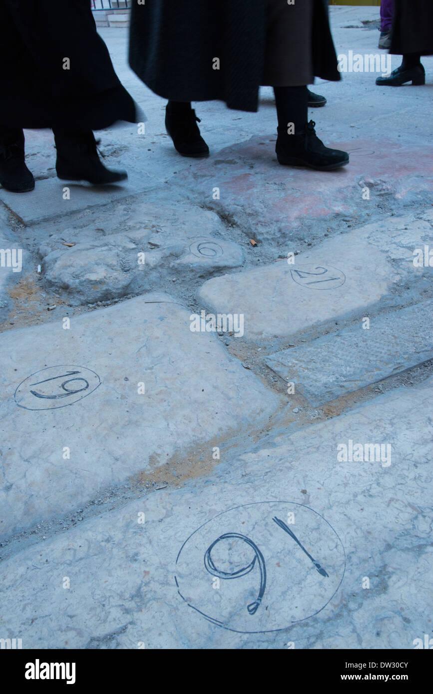 Ancien slabs numbered and redisposed. Via Dolorosa. Jerusalem Old City. Israel. Stock Photo
