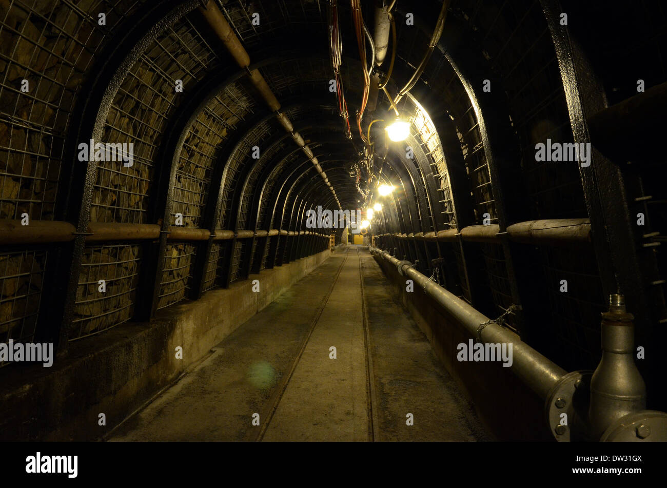 View of a reconstructed coal mining tunnel of the show mine at the German Mining Museum in Bochum, Germany, 21 February 2014. The museum is one of the most important mining museums in the world and a renowned research establishment for mining history. It is one of the most visited museums in Germany with around 400,000 visitors per year. Above-ground exhibitions and a faithfully reconstructed show mine below the museum terrain give visitors insights into the world of mining. Photo: Horst Ossinger/dpa - NO WIRE SERVICE Stock Photo