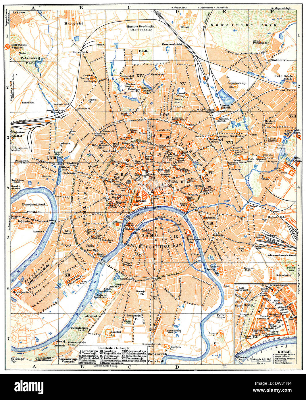 Historical map of Moscow, Russia, 1896 Stock Photo