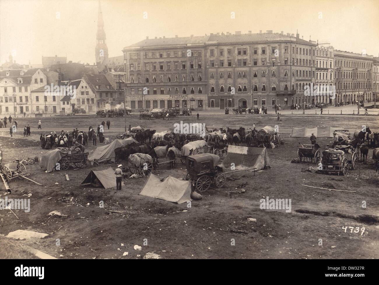 A German troop camp with the St. Peter's Church in the background in Riga, 1917 / 1918. Fotoarchiv für Zeitgeschichte - NO WIRE SERVICE Stock Photo