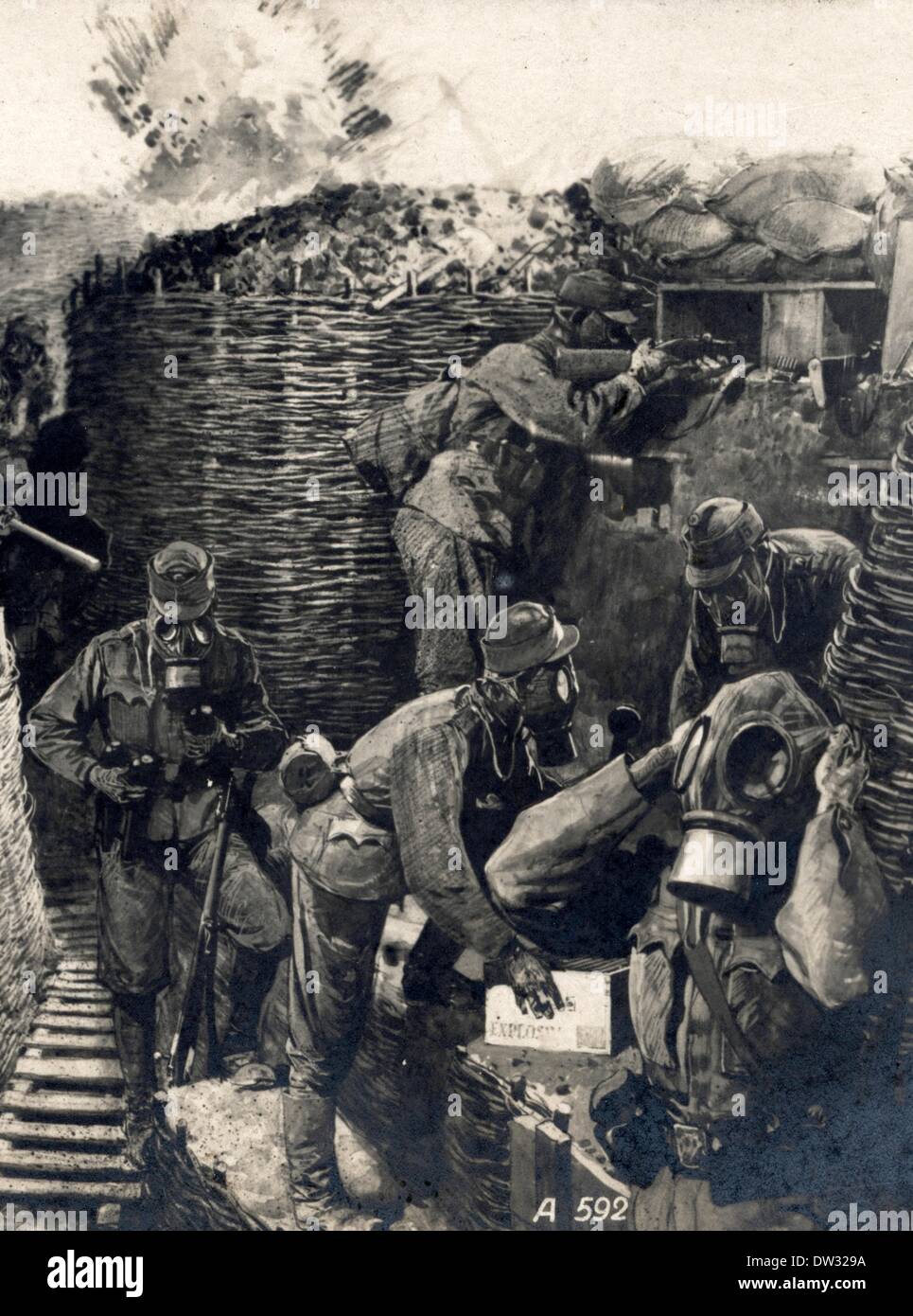 The historic drawing on a postcard from 1917 shows a propaganda portrayal of a 'Gas Alarm' in the German bunker on a World War One battlefield. Chemical weapons were used during WWI. The First World War was carried out in Europe, the Middle East, Africa, East Asia and on the world's oceans from 1914-1918. Photo: Sammlung Sauer - NO WIRE SERVICE Stock Photo