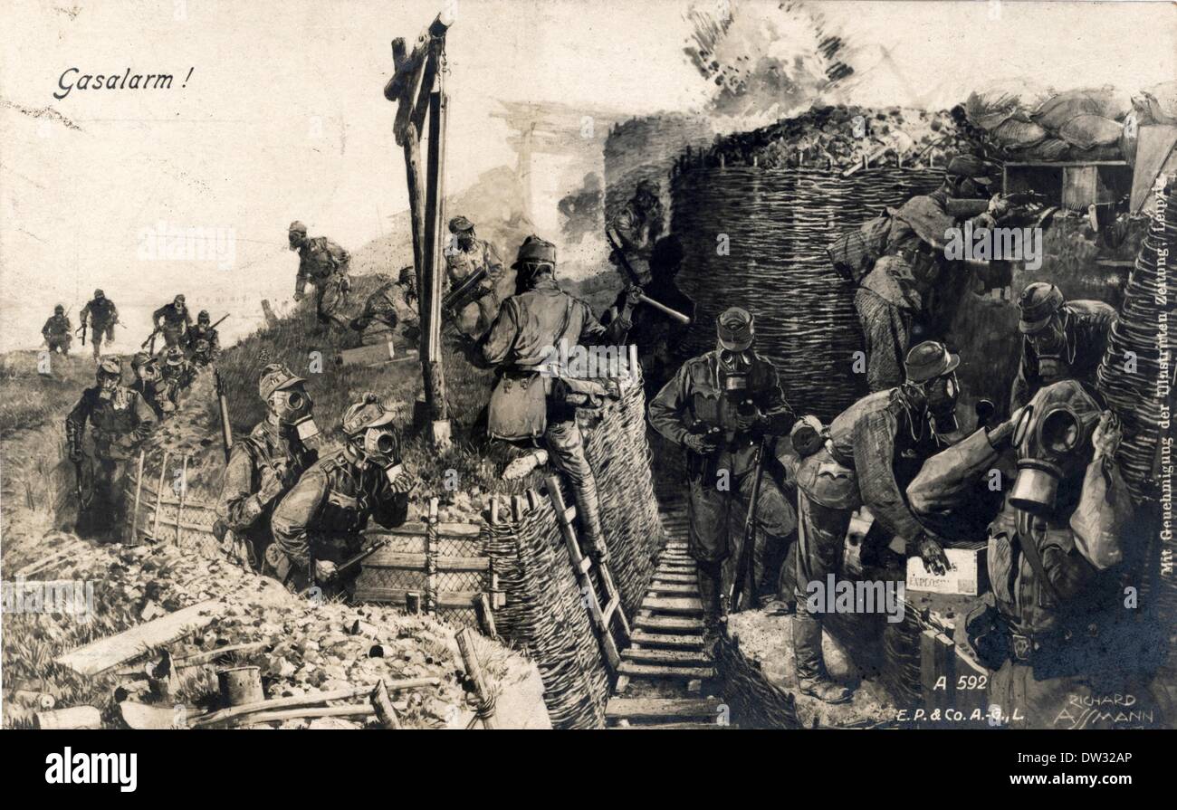 The historic drawing on a postcard from 1917 shows a propaganda portrayal of a 'Gas Alarm' in the German bunker on a World War One battlefield. Chemical weapons were used during WWI. The First World War was carried out in Europe, the Middle East, Africa, East Asia and on the world's oceans from 1914-1918. Photo: Sammlung Sauer - NO WIRE SERVICE Stock Photo