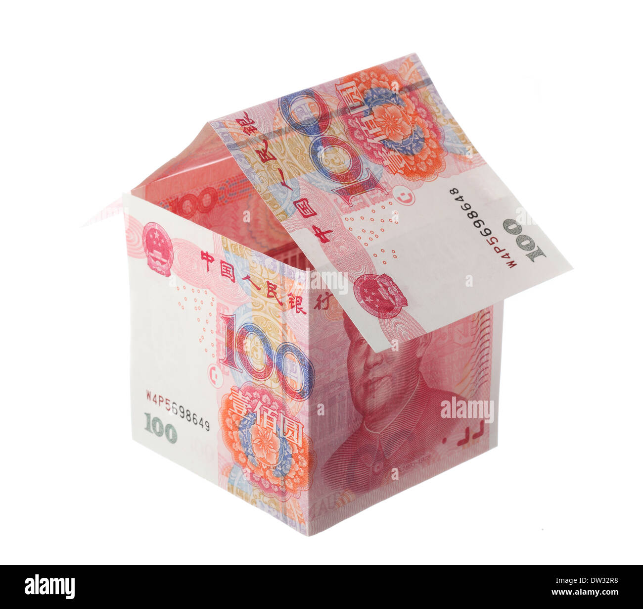 Small house made out of Chinese one hundred yuan paper currency Stock Photo