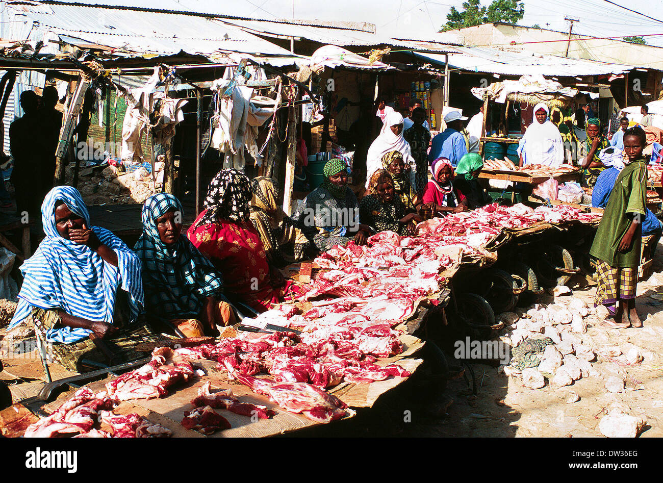 women selling fresh goat meat at Galkayo market in Somalia Stock Photo