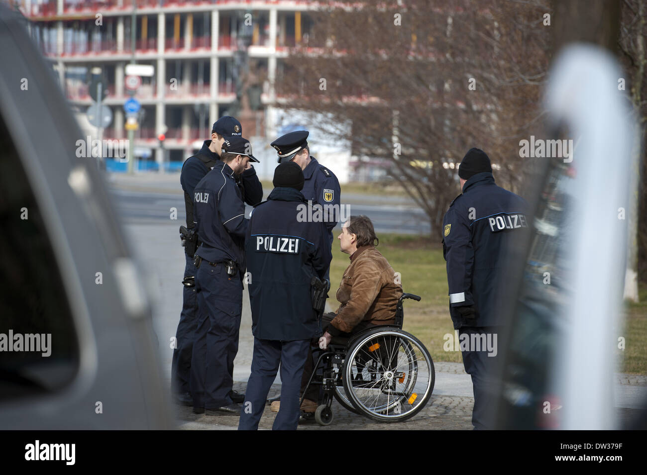 Berlin, Germany. 26th Feb, 2014. A man like complaining collided with his car into the gates of the Federal Chancellery in Berlin, on February 26, 2014. Credit: Goncalo Silva/NurPhoto/ZUMAPRESS.com/Alamy Live News Stock Photo