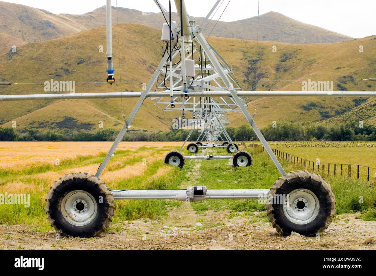 Irrigation wheeled system watering fields or crops in New Zealand Stock Photo