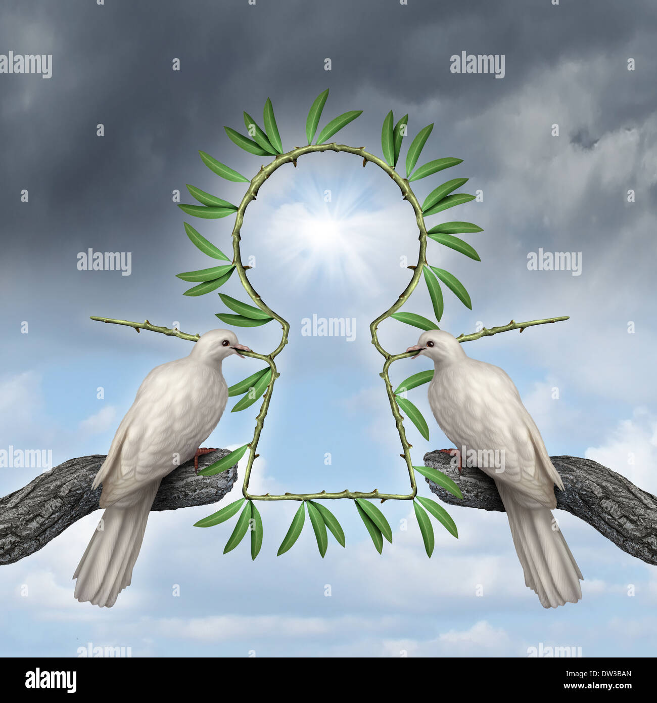 Key to peace symbol as two white doves coming together with a reconciliatiation solution with olive branches that are in the shape of a keyhole as a metaphor for friendship resolution and alternative to war. Stock Photo