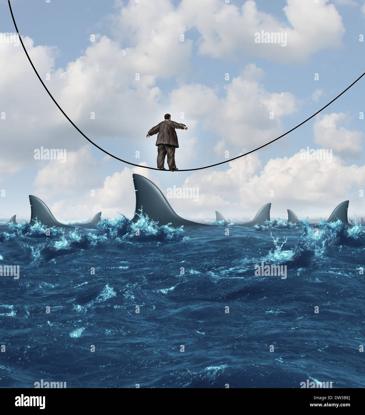Vulnerable business concept as an overweight unfit businessman walking on a sinking highwire with dangerouse sharks ready to attack as a metaphor for financial vulnerability in a competitive economic environment. Stock Photo