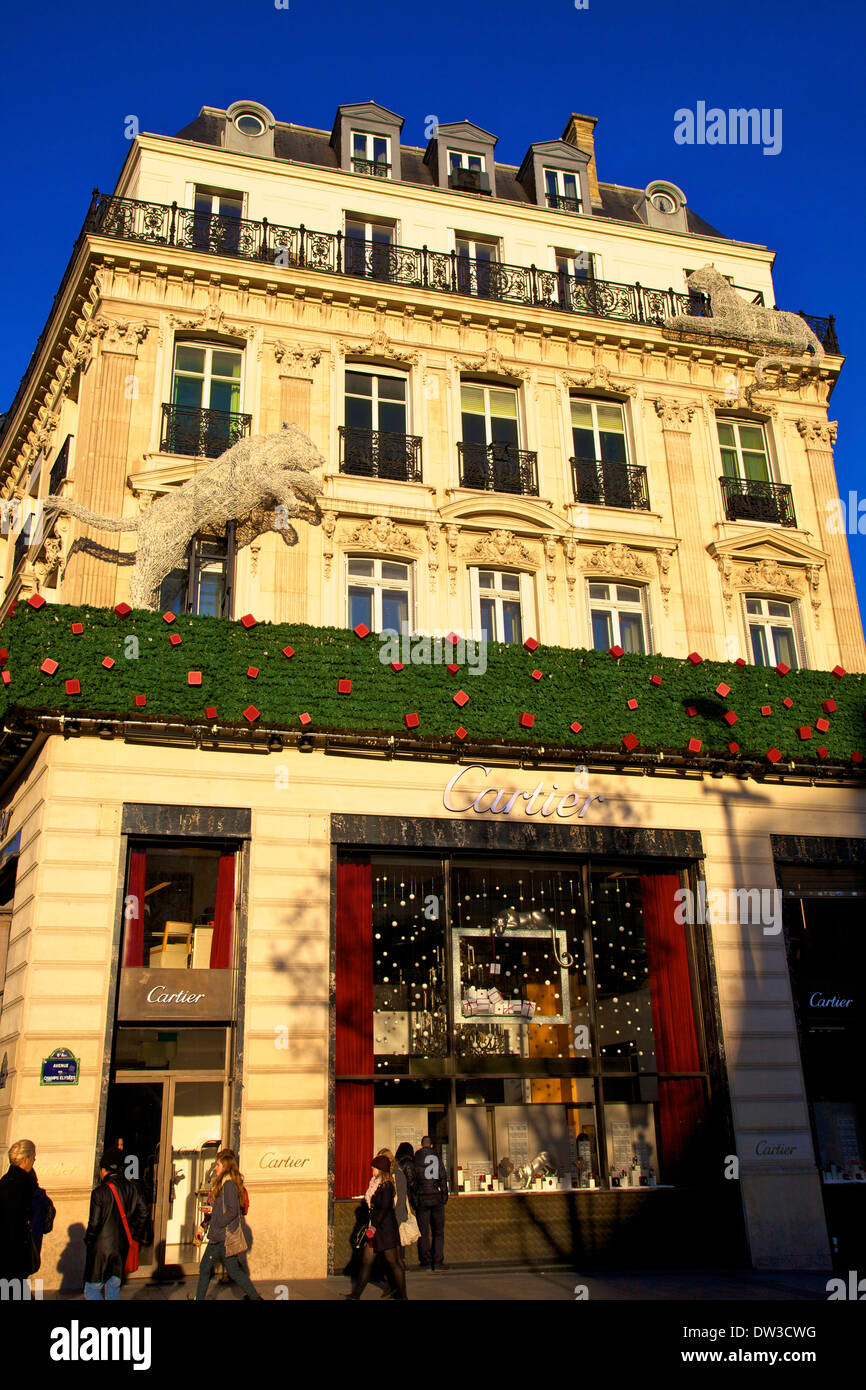 Cartier Shop With Xmas Decorations, Avenue des Champs-Elysees, Paris, France, Western Europe. Stock Photo