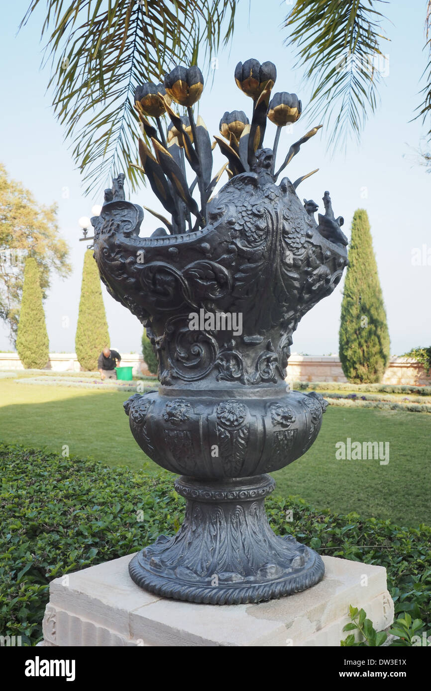 Bronze sculpture of pot and flowers at the Bahai gardens Haifa a UNESCO