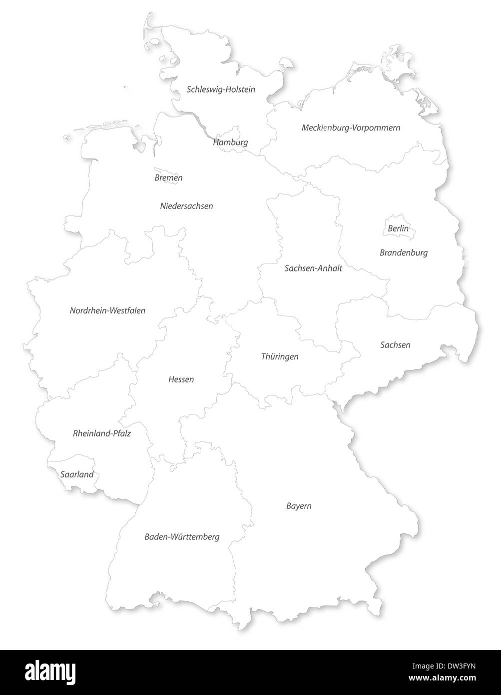 Vector map of German states with cites (EN) on white background. A small scale contour map of Germany projected in WGS 84 World Stock Photo