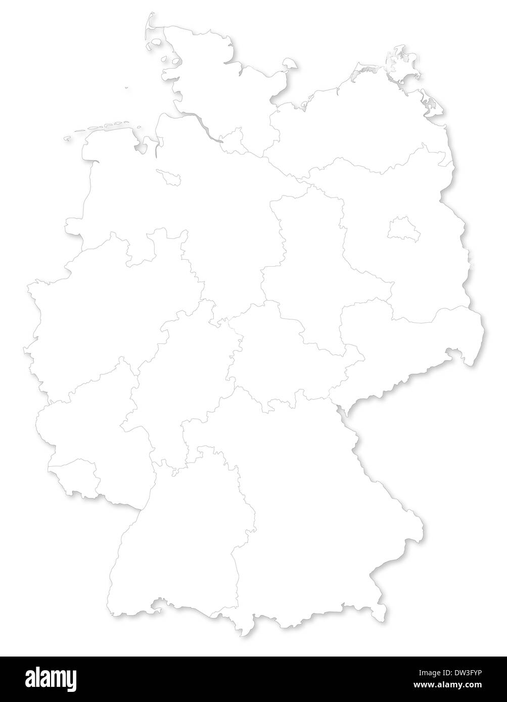 Map of German states on white background. A small scale contour map of Germany projected in WGS 84 World Mercator (EPSG:3395) ma Stock Photo