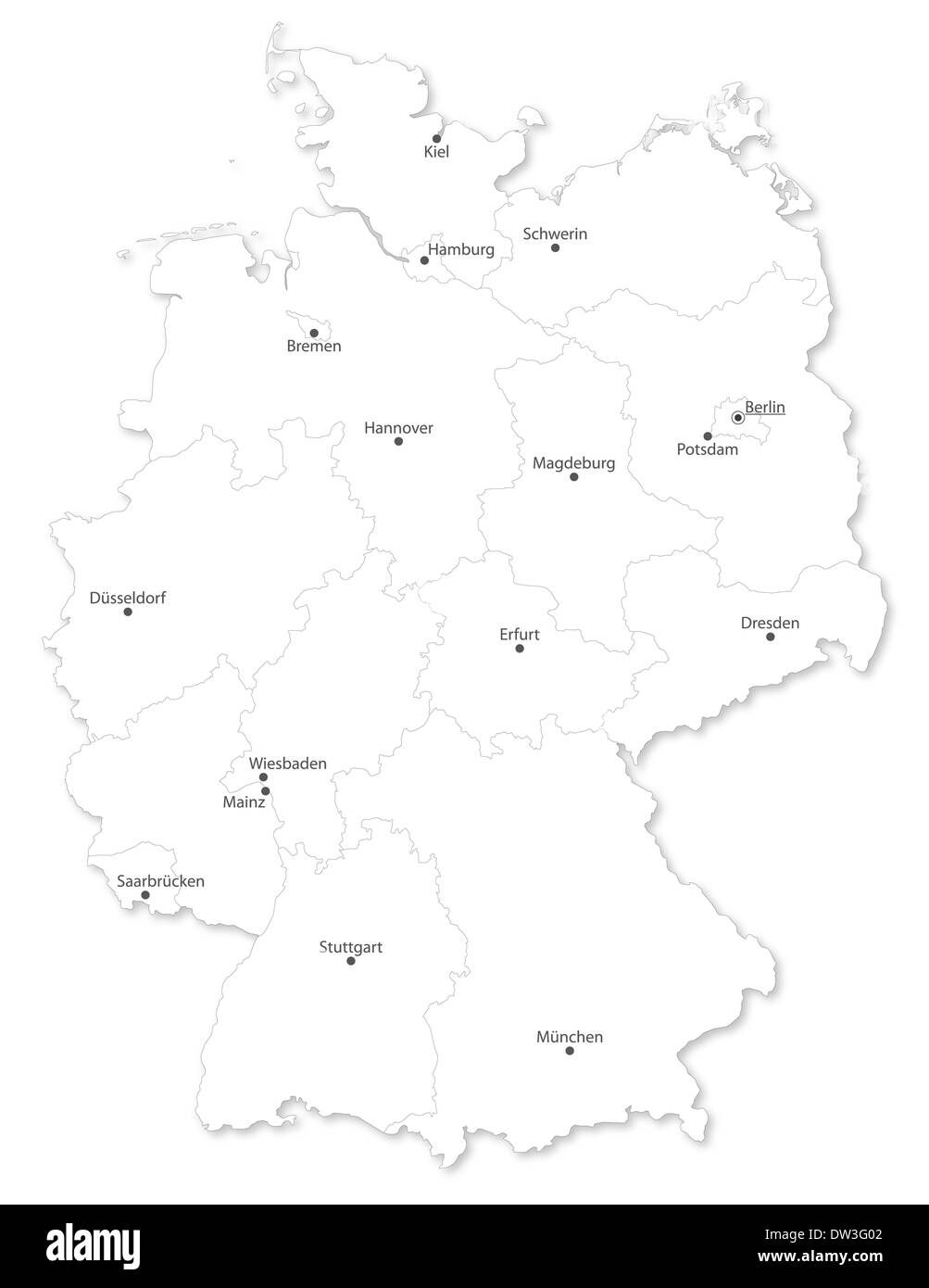 Map of German states with cites (DE names) on white background. A small scale contour map of Germany projected in WGS 84 Stock Photo