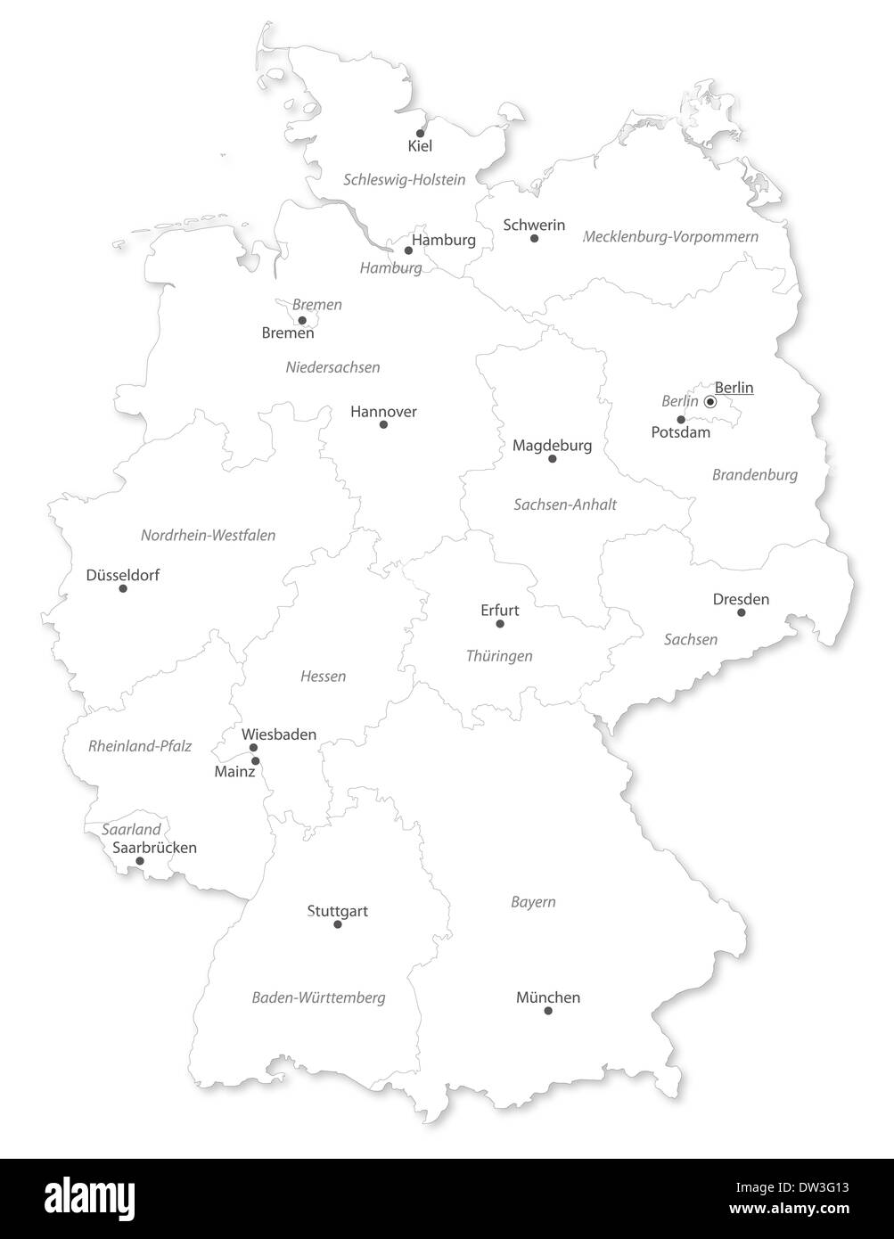 Map of German states with cites on white background. A small scale contour map of Germany projected in WGS 84 World Merca Stock Photo