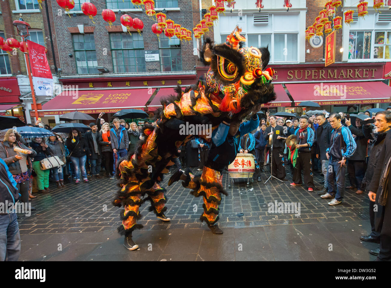 Lion Dancer from the London Chinatown Chinese Association dancing outside the Feng Shui Inn at Chinese New Year, Gerrard Street, London, England Stock Photo