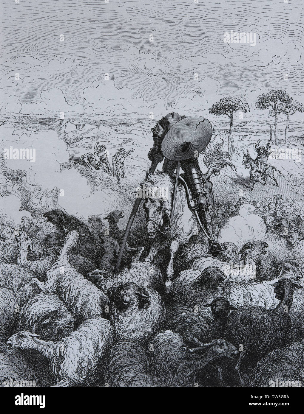 Don Quixote by Miguel de Cervantes. 19th century. The Don attacks the flock of sheep. Illustrated by  Dore Stock Photo