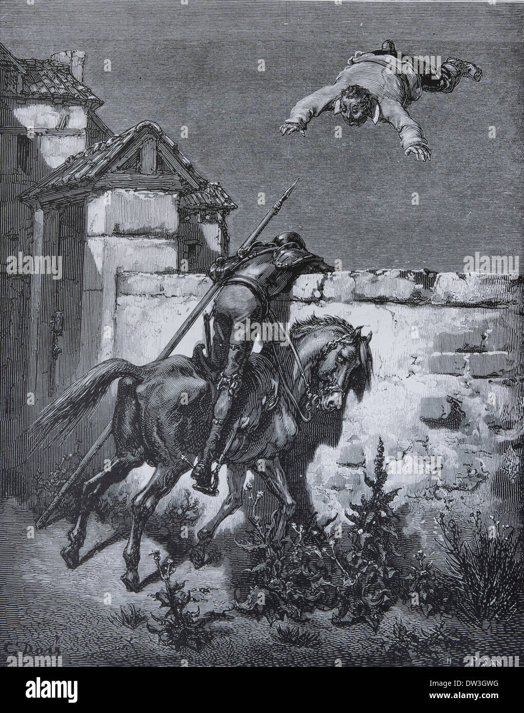 Don Quixote by Miguel de Cervantes. Don Quixote's remonstraces fail to influence the tossers. Part I, 17. Illustrated by Dore Stock Photo