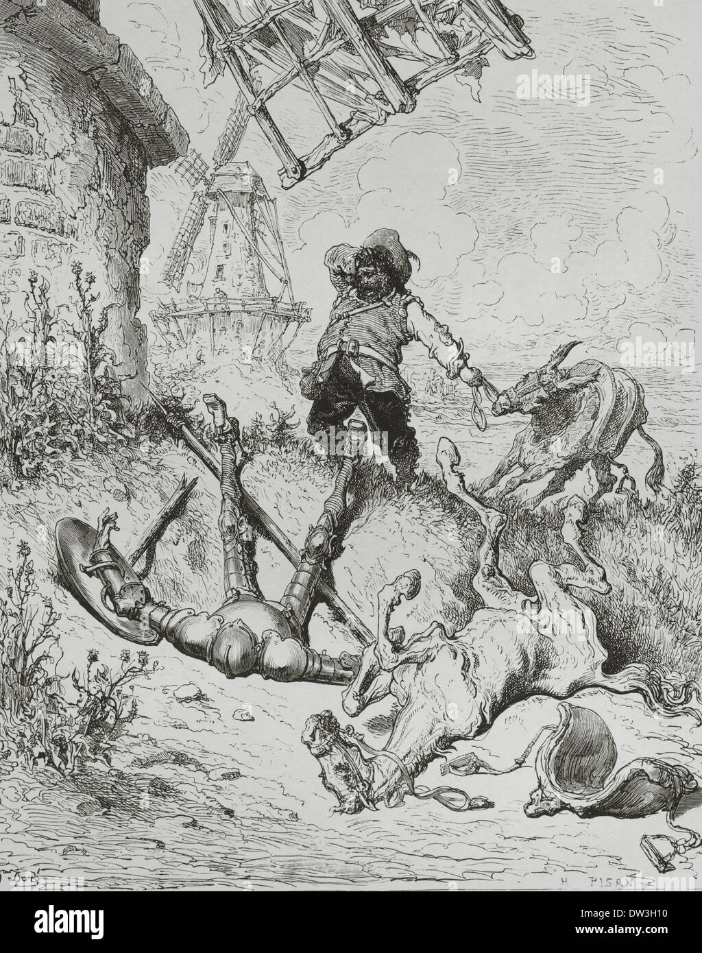 Don Quixote by Miguel de Cervantes. Sancho comes to Don Quixote's aid (part I, 8). Engraving by Gustave Dore, 19th century. Stock Photo