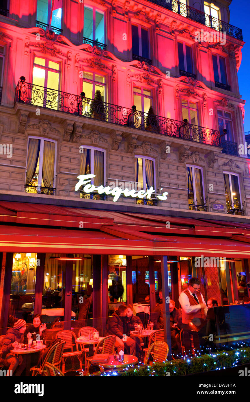 Fouquet's Restaurant At Dusk, Avenue des Champs-Elysees, Paris, France ...