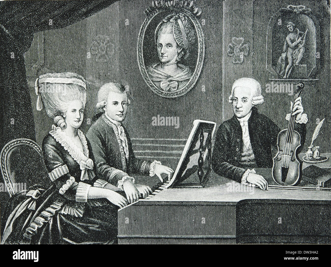 Wolfgang Amadeus Mozart (1756-1791). Composer of the Classical era. Mozart and his family. Engraving. Stock Photo