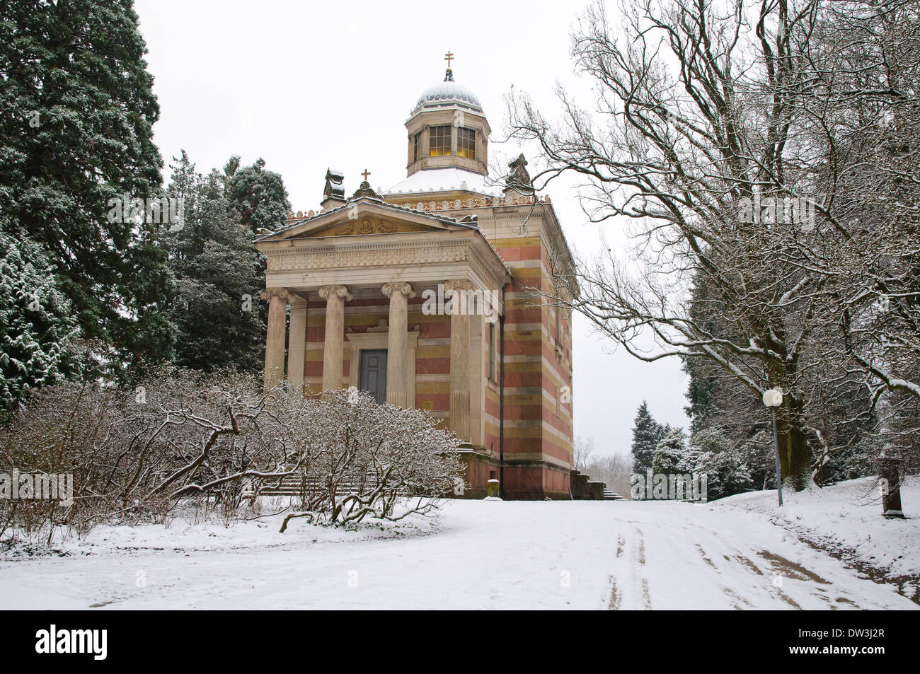 The Stourdza Romanian Orthodox Chapel in the snow. Michaelsberg, Baden-Baden, southern Germany. December. Stock Photo