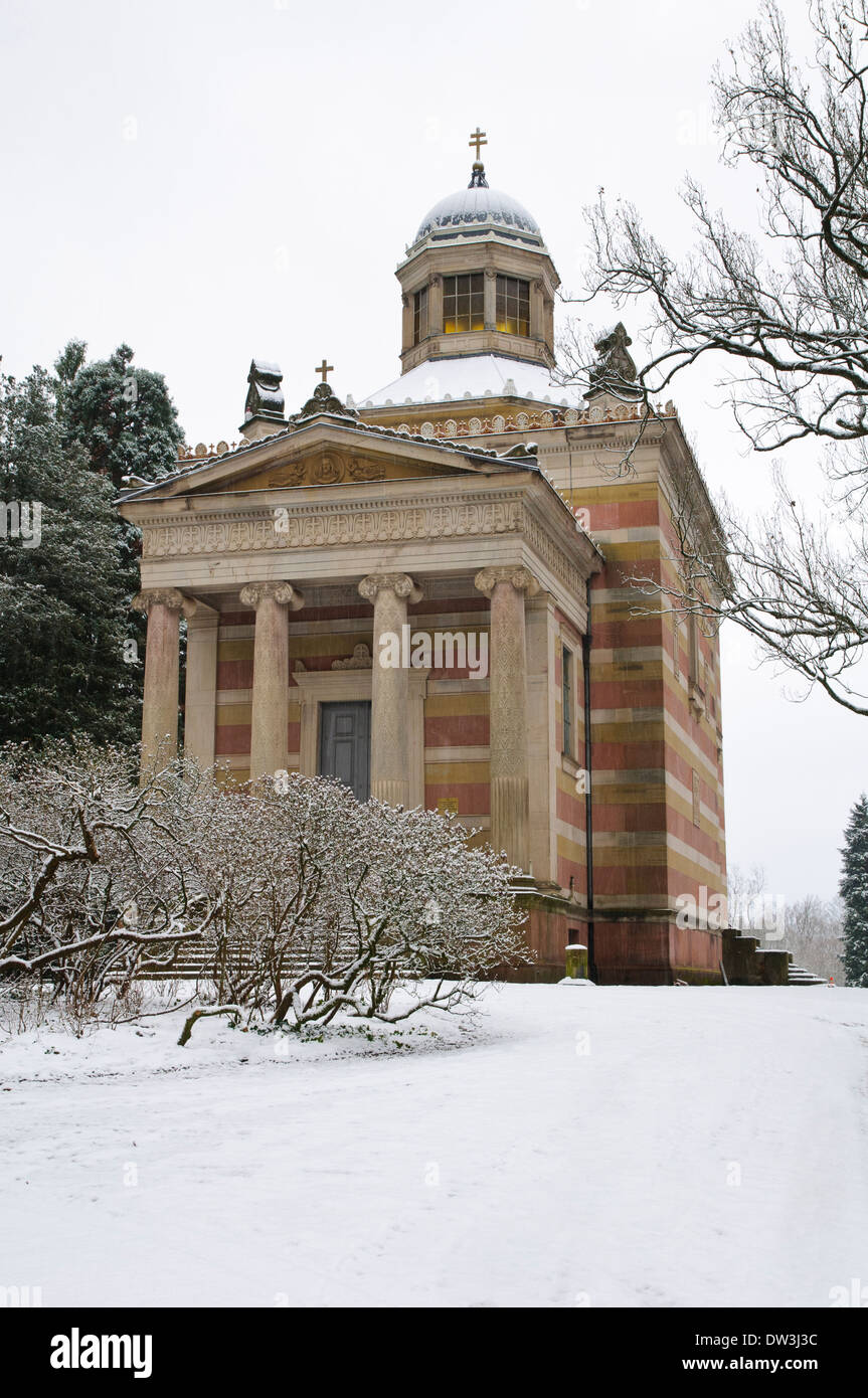 The Stourdza Romanian Orthodox Chapel in the snow. Michaelsberg, Baden-Baden, southern Germany. December. Stock Photo