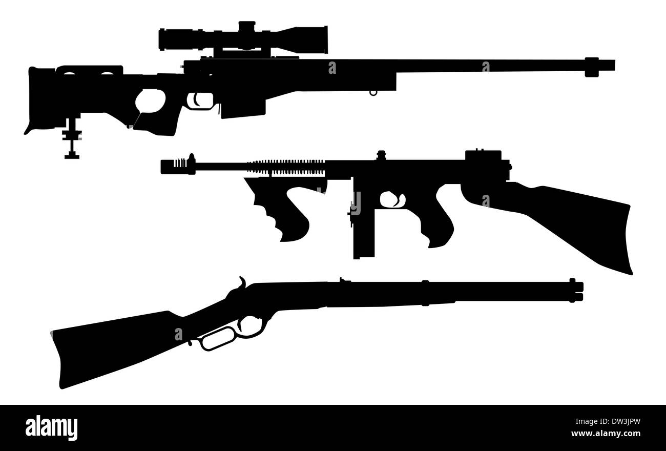 A set of three rifle silhouettes over white. Stock Photo