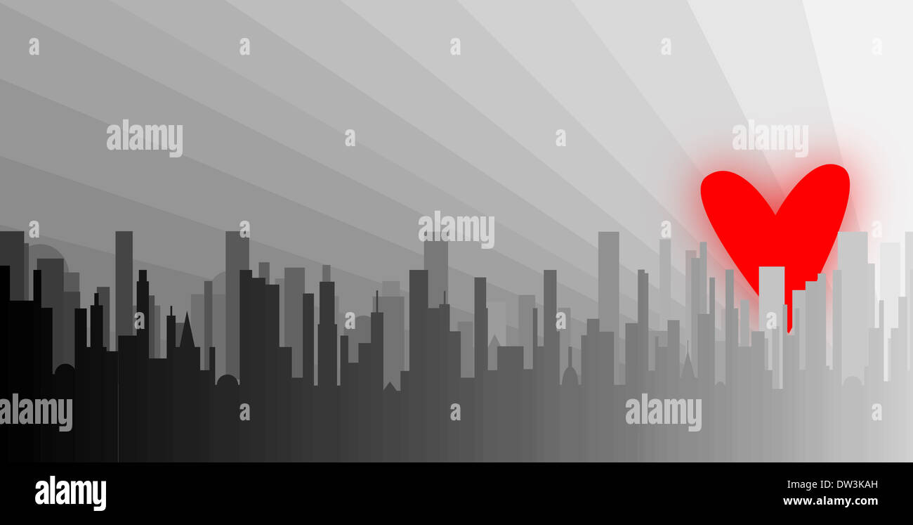 A grey cityscape shown with a rising red heart Stock Photo - Alamy