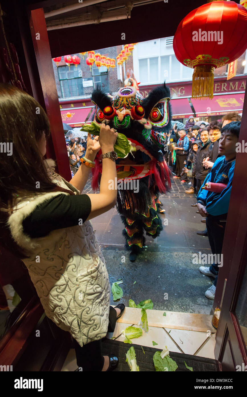Lion Dancer from the London Chinatown Chinese Association being given offerings in the doorway of the Feng Shui Inn at Chinese New Year, Gerrard Street, London, England Stock Photo