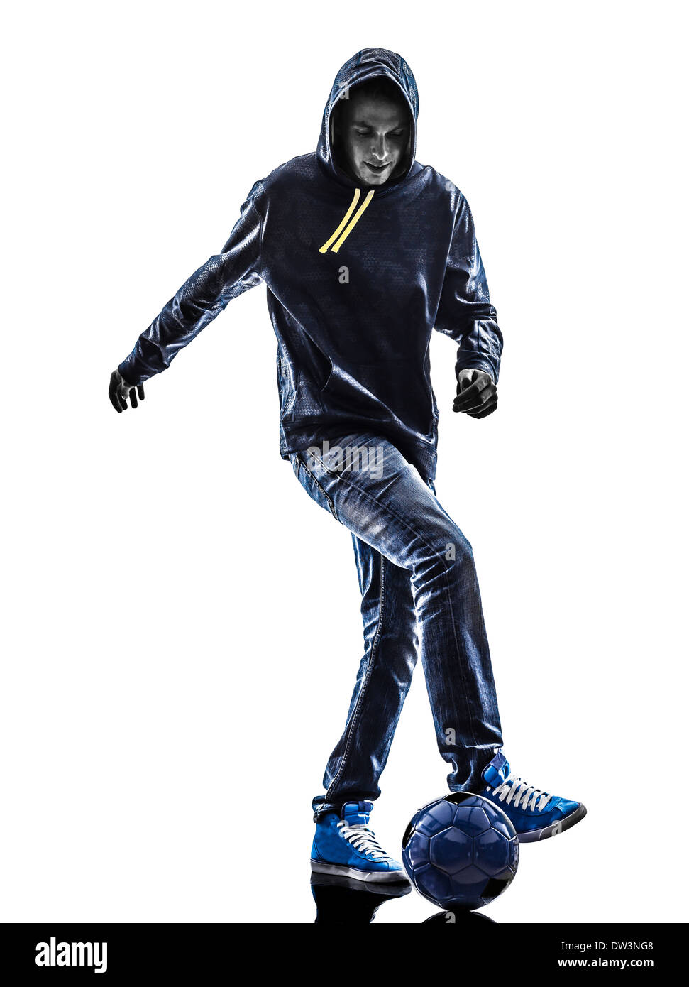 one young man soccer freestyler player in silhouette on white